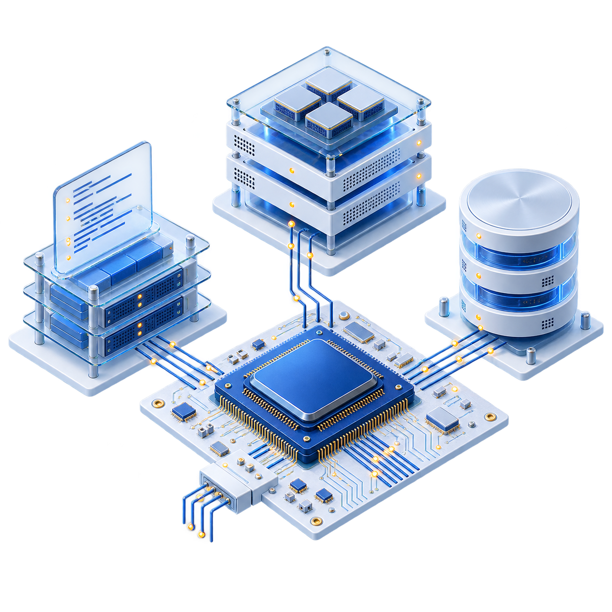 Isometric processor, compute modules and database connected by blue circuit paths